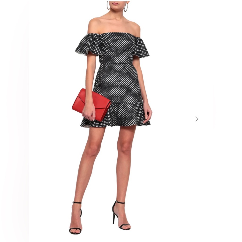 Saloni Amelia off-the-shoulder polka-dot neoprene mini dress